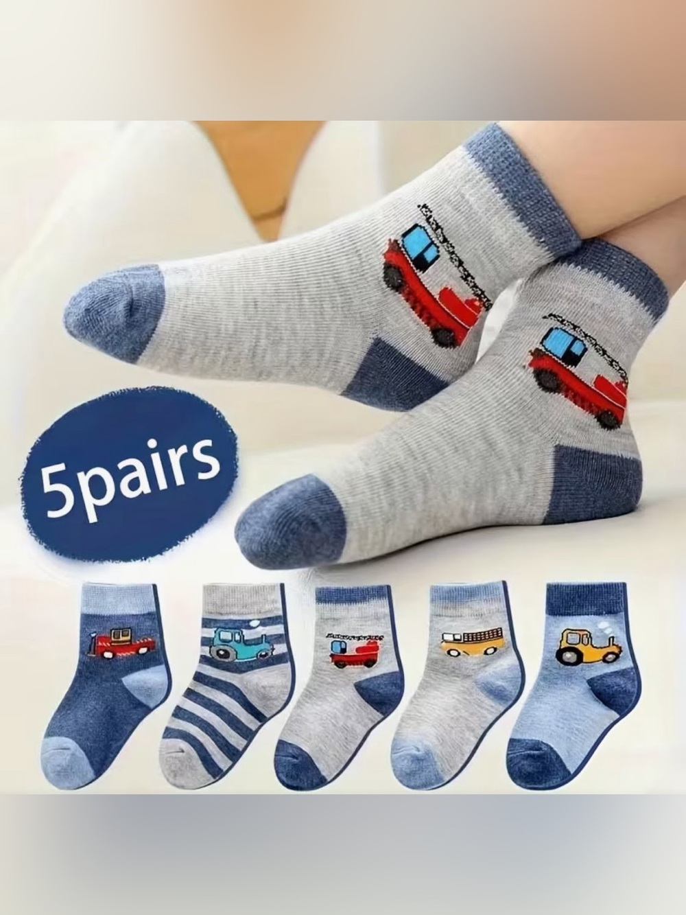 1-set of 5 pairs Kids Socks with Vehicle theme